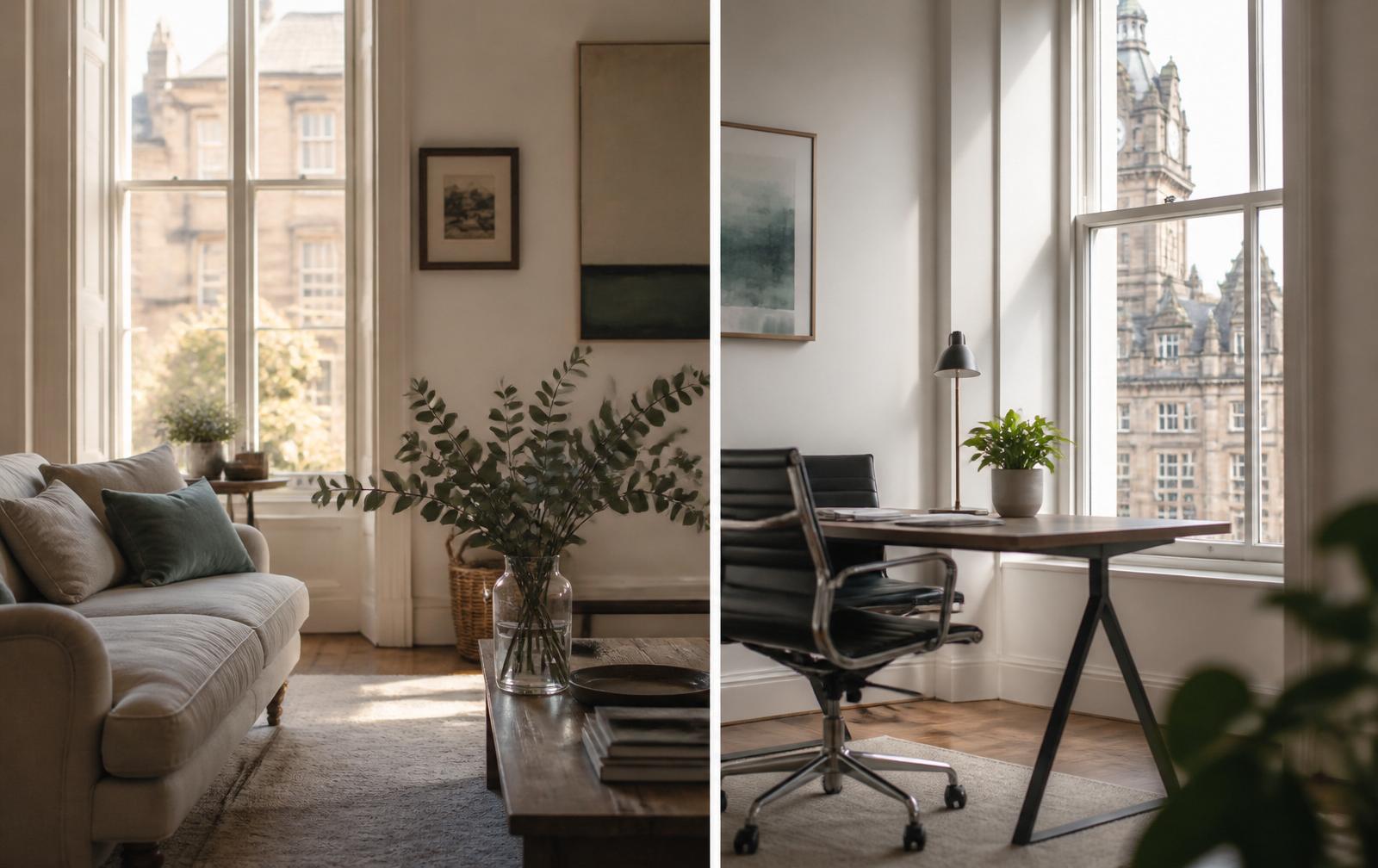 An Edinburgh Georgian living room and a bright small office, both freshly cleaned